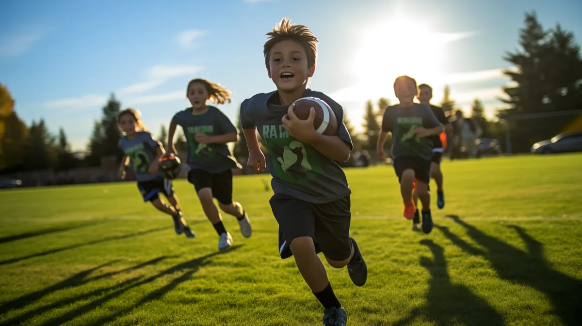 Youth flag football players running on a field